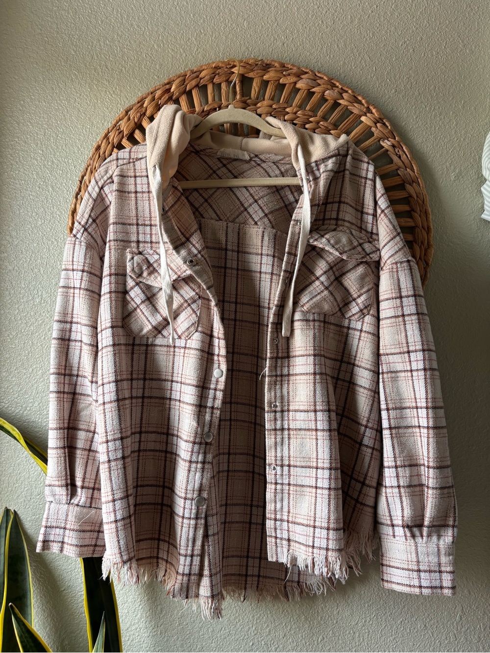 Plaid Button-Up Shacket with Hood - Cream & Brown